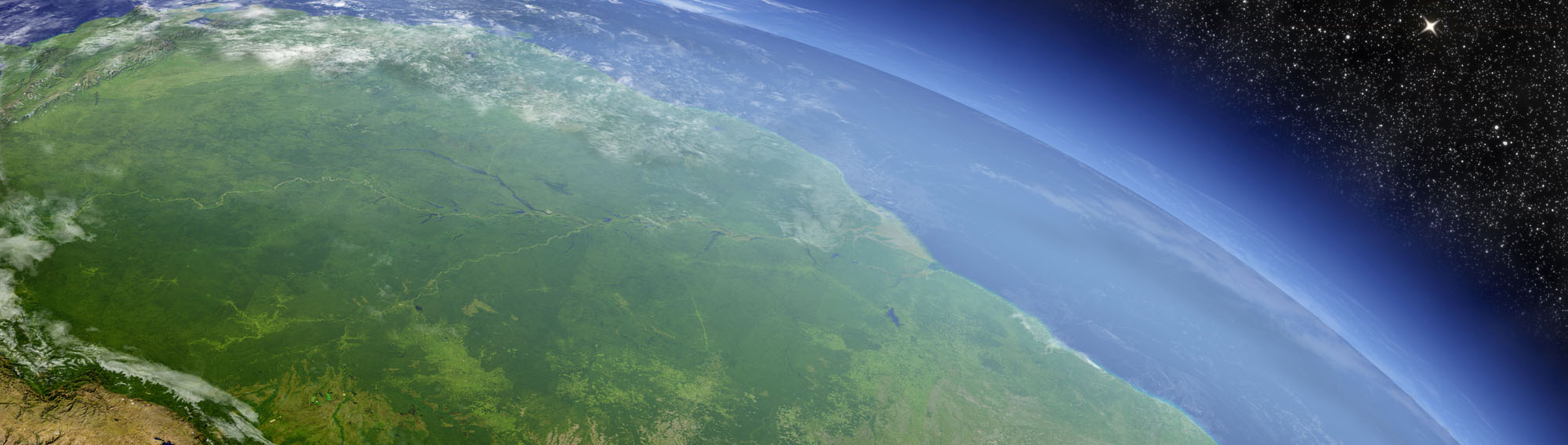 A view of the Earth from space, centered on South America.